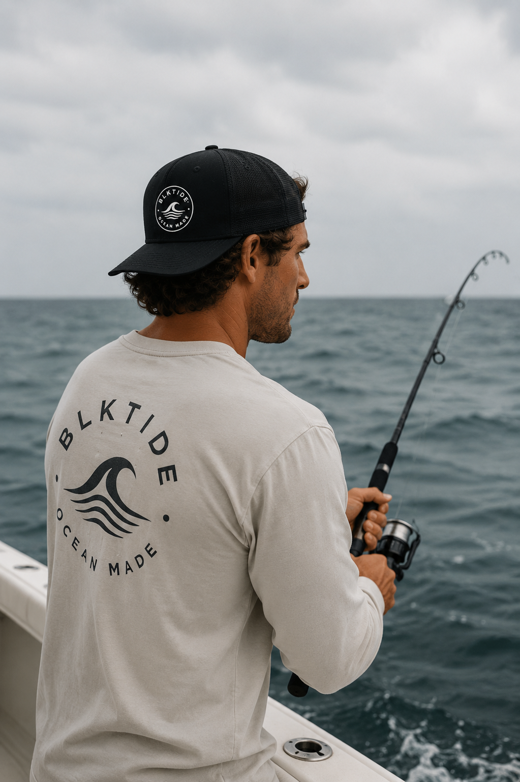 A man on a boat wearing a light beige long-sleeve shirt with a black 'BLKTIDE OCEAN MADE' logo on the back, a black baseball cap, and holding a fishing rod over the ocean under an overcast sky.