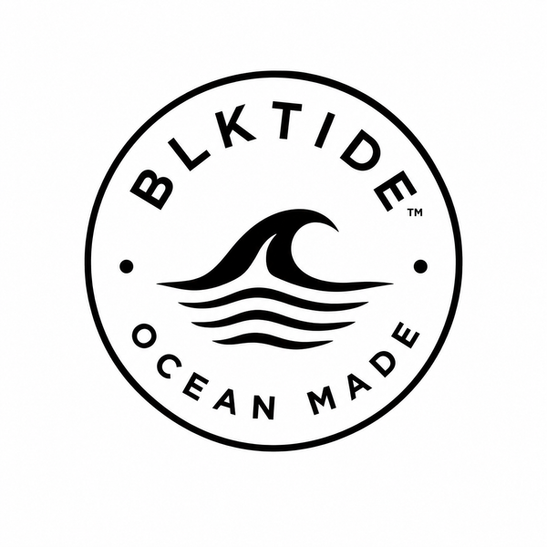 A circular black logo on a white background with the text 'BLKTIDE OCEAN MADE' and a wave graphic in the center.