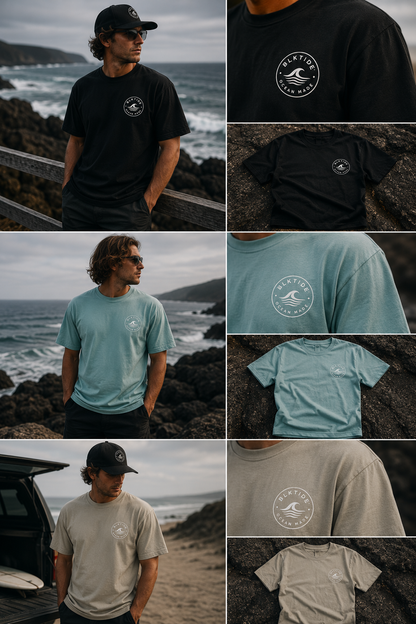 A 3x4 collage showing the same T-shirt in three colorways worn by a man on a rocky beach, plus close-up product views. The shirt has a small circular chest logo with a wave graphic and text.