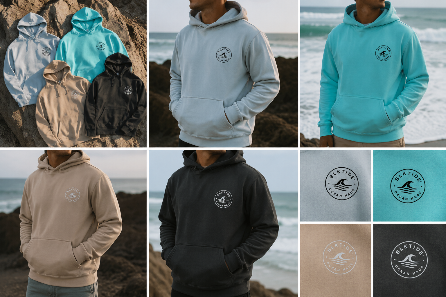A collage showing multiple hoodies in different colors worn by models on a rocky beach setting, plus close-up fabric/logo detail panels. The hoodies have a small circular chest logo