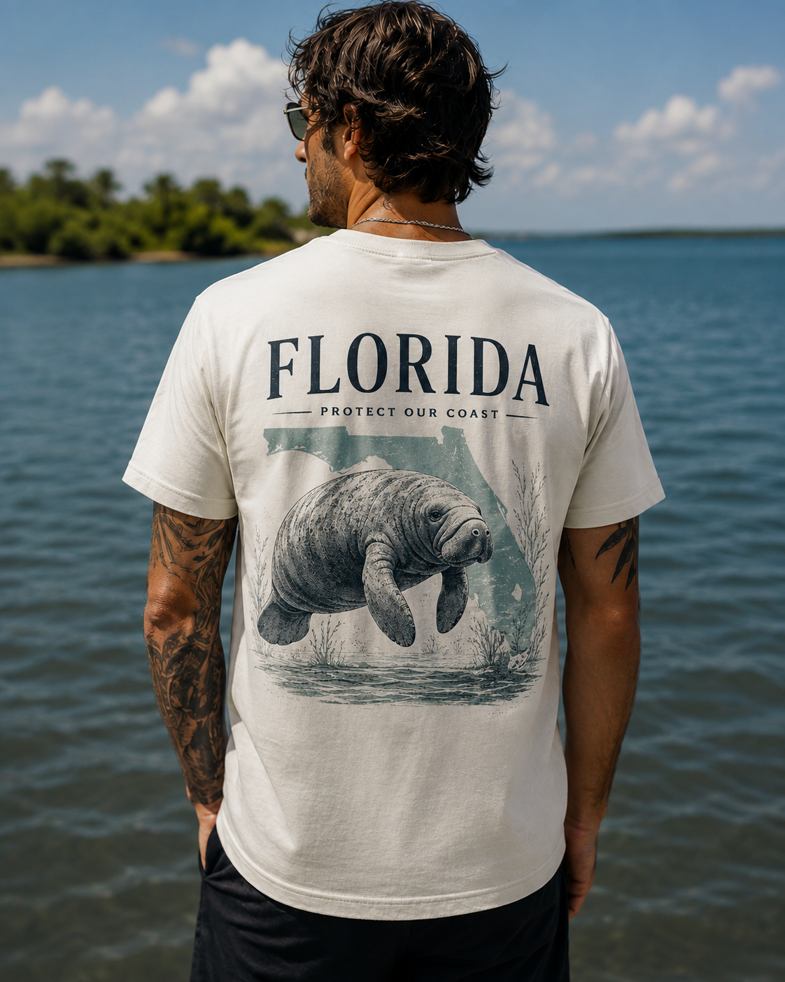 A man stands with his back to the camera by the water, wearing a cream-colored t-shirt with a large graphic on the back featuring the text 'FLORIDA PROTECT OUR COAST' and an illustration of a manatee.